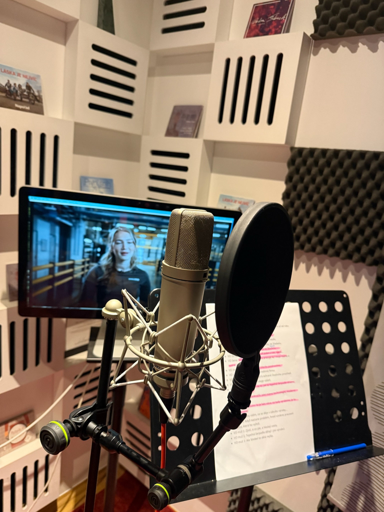 Studiový mikrofon s pop filtrem v nahrávací kabině
